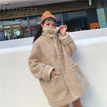 2019 Faux Blana Lambswool Supradimensionate Sacou Moda Solid Haina De Iarna Hairly Îmbrăcăminte Exterioară Pentru Femei Imagine 2