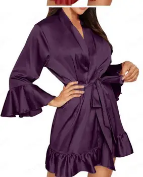 2020 Nou Kimono De Mătase Halat Halat De Baie Femei Zburli Mătase De Onoare Haine Sexy Bleumarin Halate De Satin Halat Doamnelor Halate