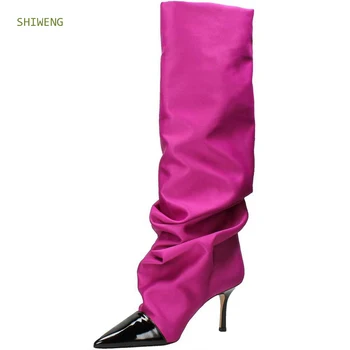 2021 Femei Cizme Genunchi Ridicat Tocuri Subtiri de Mare de Moda Doamnă a Subliniat Toe Boots Femei Toamna Cusut Cizme Slip-on Cizme Imagine 2