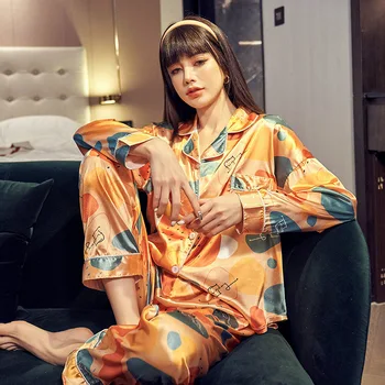2021 Primăvară Femei Florale Imprimare de Desene animate-Polka dot Silk Satin Pijamale Femei Pijama Set Cardigan Mâneci Lungi Sleepwear