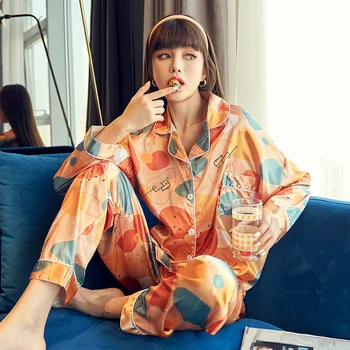 2021 Primăvară Femei Florale Imprimare de Desene animate-Polka dot Silk Satin Pijamale Femei Pijama Set Cardigan Mâneci Lungi Sleepwear Imagine 2
