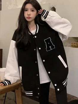 2022 Femei Primavara-Coreean Casual Scrisoare De Imprimare Stiching Uniforma De Baseball Feminin Harajuku Retro V Gât Supradimensionate Jacheta Streetwear