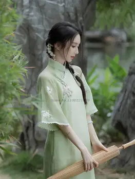 2022 femei șifon plasă cheongsam rochie tradițională chineză rochie broderie flori qipao rochie vestido elegante, rochie de petrecere