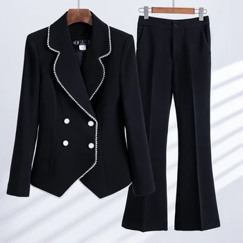 2022 Toamna Iarna Femei Sacou Negru pentru Femei Costume de Afaceri cu Seturi de Uzura de Muncă de Birou Uniforme 5XL Dimensiune Pantaloni Sacou Imagine 2