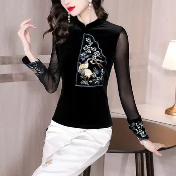 2022 tradițională chineză vintge bluza național de broderie flori de catifea qipao tricouri elegant oriental tang costum chinezesc bluza