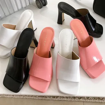 2022 Vara Pătrat Roz Cu Toc Doamnelor Papuci De Casă Moda Peep Toe Slip Pe Femei Casual Slide-Uri În Aer Liber Pompe Rochie Pantofi