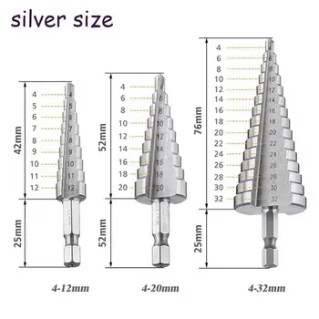 3pcs Argint Pas Burghiu Hss Pas Con Metal Hole Cutter Hex Conic Burghiu Scule electrice Accesorii 4-12/20/32mm