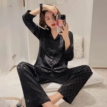 4 Bucati Pata Pijamale de Mătase Femeie Pijama Set Primavara-Vara Sleepwear Jacquard Mâneci Lungi pentru Femei Haine de Acasă Imagine 2