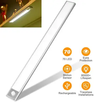 40cm Mișcare Senzor de Noapte Lumina de 70 LED-uri Senzor de Lumină Dulap USB Reîncărcabilă Sub Cabinet de Lumină Pentru Dulap de Bucătărie Auto/on/off