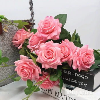 6pcs! Real touch 2 capete long branch/stem latex rose simt mână / simtit mare simulare de nunta artificiale decorative flori de trandafir Imagine 2