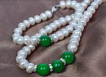 7-8mm de cultură de apă dulce colier de perle albe bratari + 8mm smarald 18inch