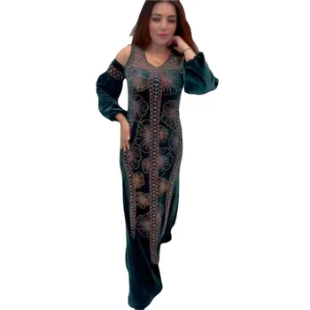 Abayas Musulman Rochie Lunga Femei Cu Diamond Hollow Complet Maneca Haine De Toamna De Imprimare Nou Catifea Moda Musulmană Rochie De Petrecere Vestidos