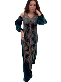 Abayas Musulman Rochie Lunga Femei Cu Diamond Hollow Complet Maneca Haine De Toamna De Imprimare Nou Catifea Moda Musulmană Rochie De Petrecere Vestidos Imagine 2