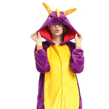 Adulți Pijamale Femei, Pijamale Flanel Unisex Drăguț Dragon Purpuriu Dinozaur Desene Animate De Animale Pijama Set Cu Gluga Pijamale Kigurumi