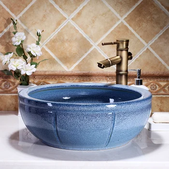 Albastru Tradițională Chineză Vestiar blat de portelan chiuveta baie chiuvete ceramice ceramice lavoarul Imagine 2