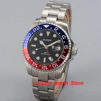 Bliger 40mm mecanice ceas cadran negru luminos saphire de sticlă GMT Automatic ceasuri barbati
