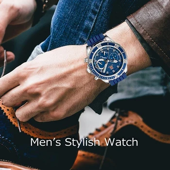Brand de Top Bărbați Automat Ceas Quartz Data Mâini rezistent la apa Albastru de Silicon Curea de Cauciuc Wristswatch pentru Om QW011 Imagine 2