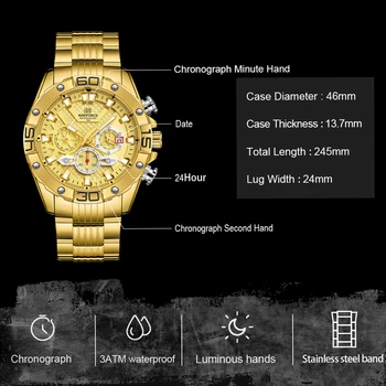 Brand de Top NAVIFORCE Bărbați Ceas de Moda Casual, Ceasuri de Aur din Oțel Inoxidabil Luminos rezistent la apă, Cronograf Cuarț Ceas Pentru Bărbați Imagine 2