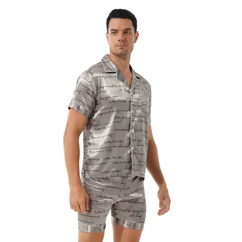 Bărbați Moda de Vara Print Set Pijama Satin Moale Confortabil Pijamale Lenjerie Body Maneca Scurta Tricou Topuri cu pantaloni Scurți