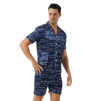 Bărbați Moda de Vara Print Set Pijama Satin Moale Confortabil Pijamale Lenjerie Body Maneca Scurta Tricou Topuri cu pantaloni Scurți Imagine 2