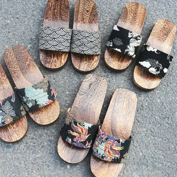 Bărbați Vara din Lemn, Papuci de casă Stil Japonez Toc mic Saboți Anti-Alunecare Papuci de Plaja Casual, Sandale de Vară Cosplay Pantofi
