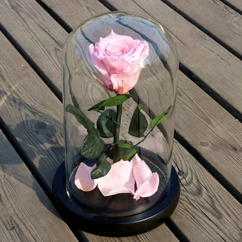 Cadou frumoasa si Bestia Red Rose Petale Căzute în Cupolă de Sticlă pe o Bază de Lemn pentru Craciun, Cadouri de Valentine pentru Totdeauna Rose Imagine 2