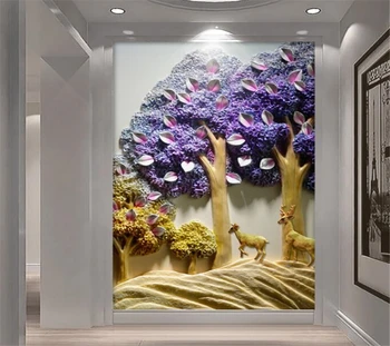 Camera de zi Hol de Intrare 3D Tapet Reliefuri Violet copac Elan Intrarea Perete de Fundal 3d tapet papier peint beibehang