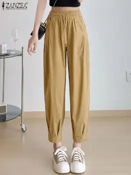 Casual Pliuri Largi Manșetă Buzunar Pantaloni ZANZEA 2022 Modă de Culoare Solidă Pantaloni Lungi de Toamna pentru Femei Talie Elastic Bandaj Pantaloni Imagine 2