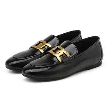 Catarama de Metal piele lăcuită negru lofook pantofi femei rotund deget de la picior stil Britanic mici pantofi din piele cu toc mic pentru femei pantofi Imagine 2