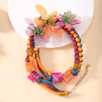 Cel mai bun Lady Bobo Nou Țesute manual Rășină Acrilică Flori Cravată Colier pentru Femei Vintage Etnice Țesute Frânghie Colier Imagine 2