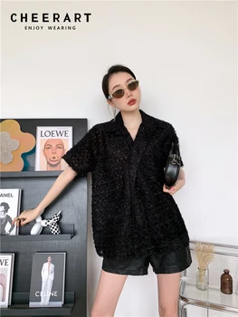 CHEERART Pene Sclipici Negru cu Maneci Scurte Supradimensionat Tricou Pentru Femei 2022 Vara de Top de Mare de Moda coreeană de Moda Streetwear