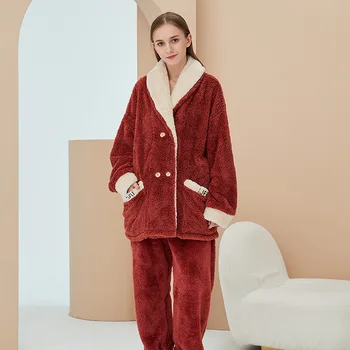 Coral Fleece Pijamale Femei, Pijamale Cardigan Plus Fleece Pijamale pentru Femei Flanel Serviciu Acasă Cald Seturi пижама женская Imagine 2