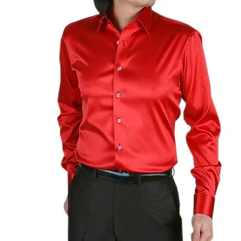 Culoare pură Simulare de Mătase Satin Lucios Tricouri Barbati Stretch Mâneci Lungi Slim Vrac Social Casual Shirt Mens Shirt