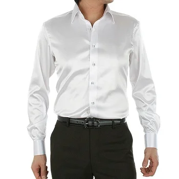 Culoare pură Simulare de Mătase Satin Lucios Tricouri Barbati Stretch Mâneci Lungi Slim Vrac Social Casual Shirt Mens Shirt Imagine 2