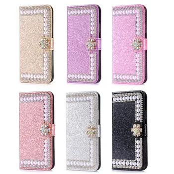De lux Bling Diamant Pearl Floare Portofel Flip Glitter din Piele Acoperi Caz Pentru iPhone 12 MIni 11 Pro XS Max XR X 8 7 6 6S Plus SE Imagine 2