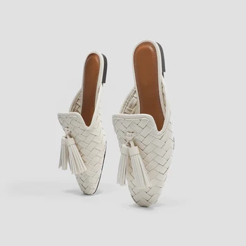 Deget De La Picior Pătrat Catâri Pantofi Femei 2021 Vara Papuci De Casă Fund Plat Jumătate Drag Ciucure Muller Sandalias Țesute Confortabil Alb Diapozitive