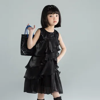 Designer Fete Rochie Neagră 2022 Nou Stil Coreean De Moda Elegant Satin Tort Rochii Fără Mâneci O-Gat Fete Rochie De Printesa Imagine 2