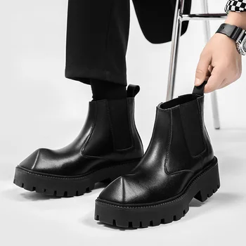 Din Piele Glezna Cizme pentru Bărbați Platforma de Moda Chelsea Cizme Mascul de Rinocer Toe Pantofi Casual Barbati Încălțăminte