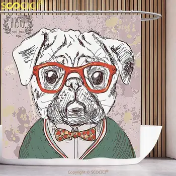 Distracție Perdea de Duș Iubitor de Câine Decor Vintage Ilustrare de Vechi Hipster Pug Câine cu Ochelarii Roșu și Bow Master de Profesor
