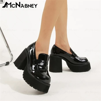 Doamnelor Pantofi de Piele de Epocă Stil Britanic Platforma Pantofi Negru Lucios Pantofi din Piele pentru Femei Slip-On Office Cariera Rochie Pompe