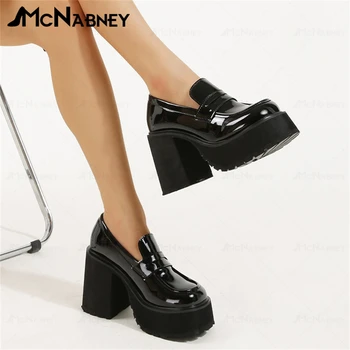 Doamnelor Pantofi de Piele de Epocă Stil Britanic Platforma Pantofi Negru Lucios Pantofi din Piele pentru Femei Slip-On Office Cariera Rochie Pompe Imagine 2