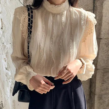 Dulce Stand Guler De Dantelă Cu Ochiuri Mozaic Tricouri Coreeană Stil Design Elegant Femme Blusas Toamnă Plină De Femei Bluza