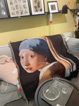 Fata cu Cercei Perla Canapea Arunca Grosime Perete de Pânză Lounge Scaun de Acoperire Rurală Estetice Cameră Decor Vermeer Doamna Portret Imagine 2