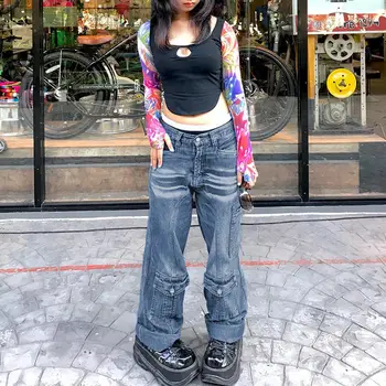Feiernan Pantaloni De Marfă Y2k Harajuku Talie Joasa Buzunare Pantaloni Din Denim De Sex Feminin Coreeană De Moda Largi Picior Grunge, Punk E Fata Funduri Alt