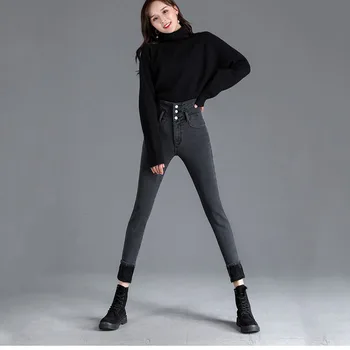 Femei Blugi de Iarnă Elegant Doamnelor 2023 Nou Pantaloni cu Talie Înaltă Slim Denim Stretch Pantaloni de Pluș Gros Cald Feminin Pantaloni OK1068 Imagine 2