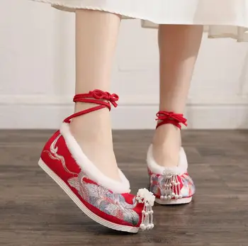 Femei Brodate Plat Platforme cu Perle, Pandantive Vintage Stil Chinezesc Hanfu Pantofi Pantofi Brodate Interior Sporind