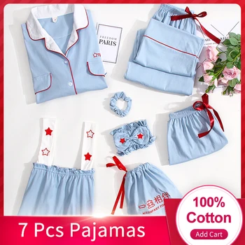Femei din Bumbac 100% Pijama 7 Piese Pyjama Set Somn Haine Sleepwear Costum pentru Doamna 7 Buc Neglijeu Pijamale din Bumbac 100% Pijama Imagine 2