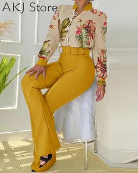 Femei Elegant de Imprimare Tricou cu Maneci Lungi, și de Înaltă Talie Pantaloni Bootcut Cu Centura 2 buc Set