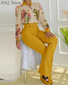 Femei Elegant de Imprimare Tricou cu Maneci Lungi, și de Înaltă Talie Pantaloni Bootcut Cu Centura 2 buc Set Imagine 2