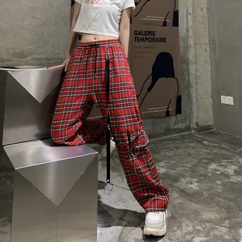 Femei Harajuku Retro Largi Picior Pantaloni Largi cu Talie Înaltă Casual Punk Red Plaid Cargo Colector Pantaloni Imagine 2
